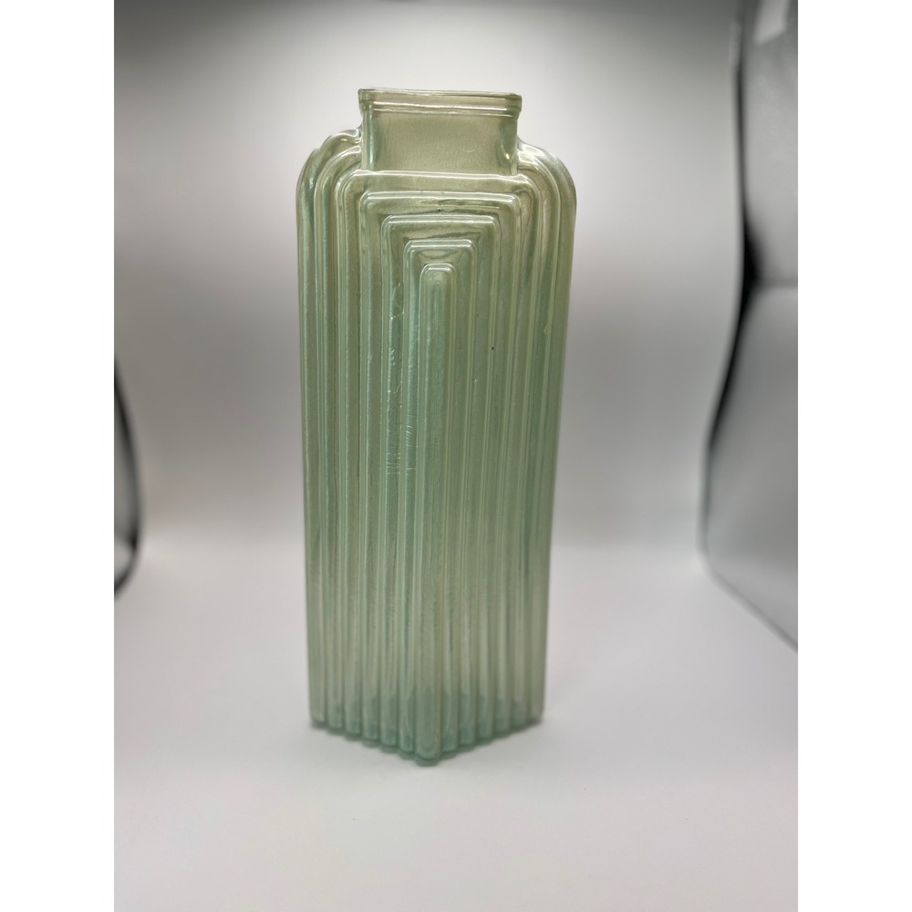 Art Deco Seafoam Green Iridescent Ribbed Glass Vase Made in Spain Skyscraper